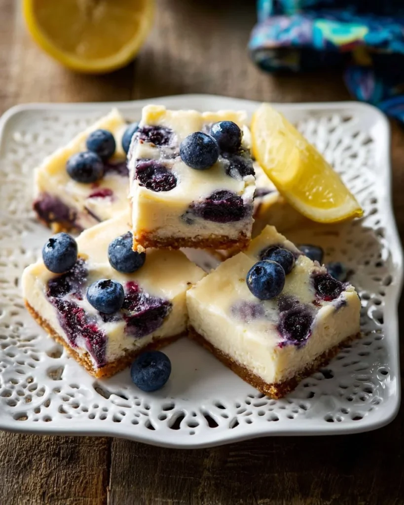 Delicious blueberry cheesecake bars topped with fresh blueberries