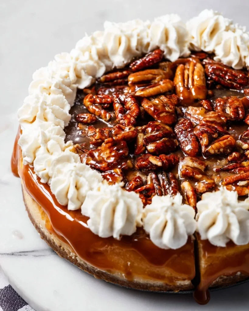 Slice of delicious Brown Sugar Pecan Cheesecake topped with toasted pecans