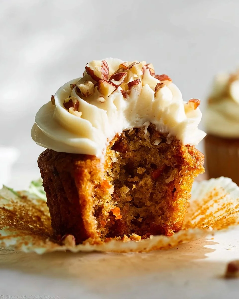Carrot cake cupcakes topped with creamy cheese frosting