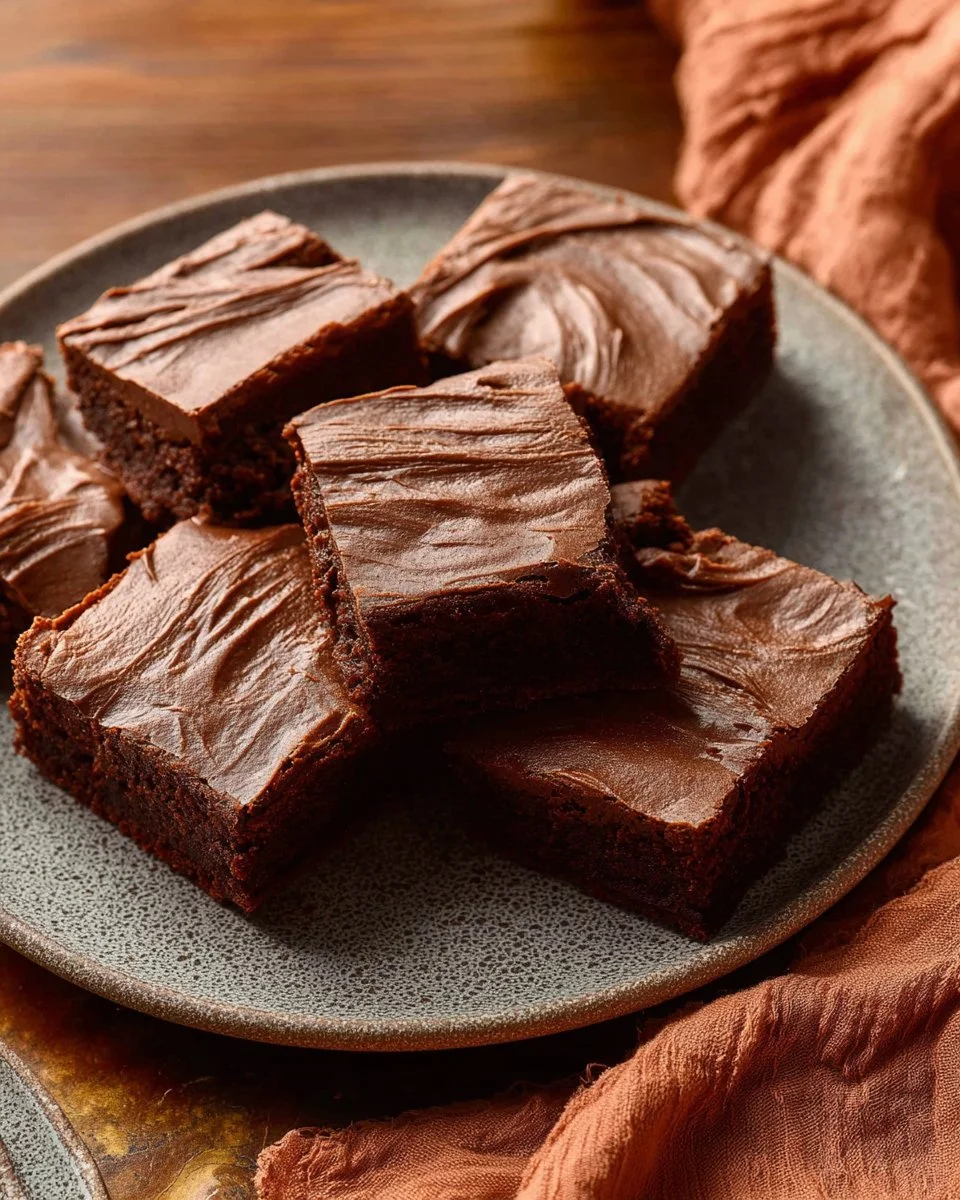 Delicious chocolate brownies with chocolate frosting on a white plate