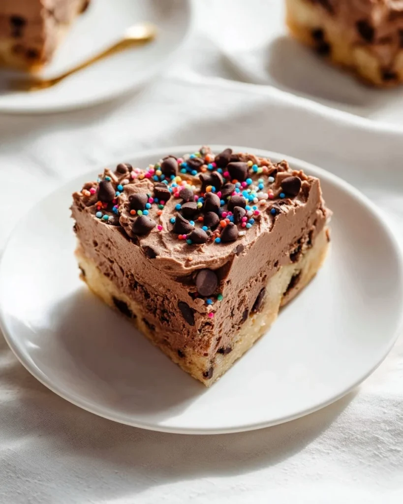 Delicious Chocolate Chip Cookie Cake topped with chocolate chips and served on a platter.