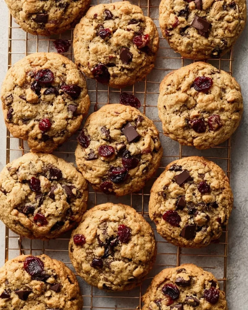 Freshly baked Chocolate Cranberry Walnut Cookies on a cooling rack.