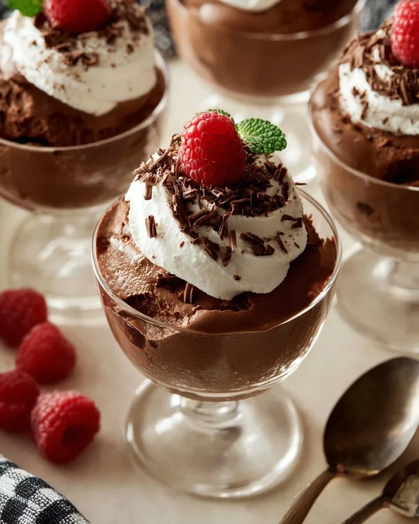 Delicious homemade chocolate mousse served in elegant dessert cups