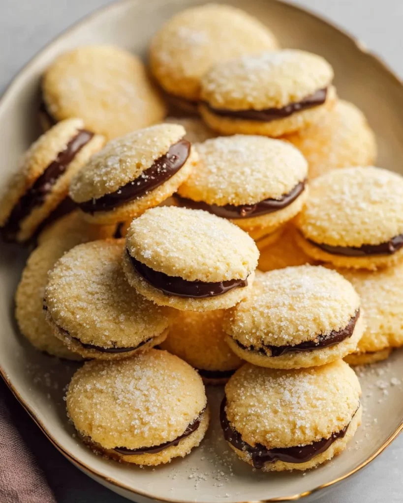 Chocolate orange butter cookies with ganache filling on a decorative plate