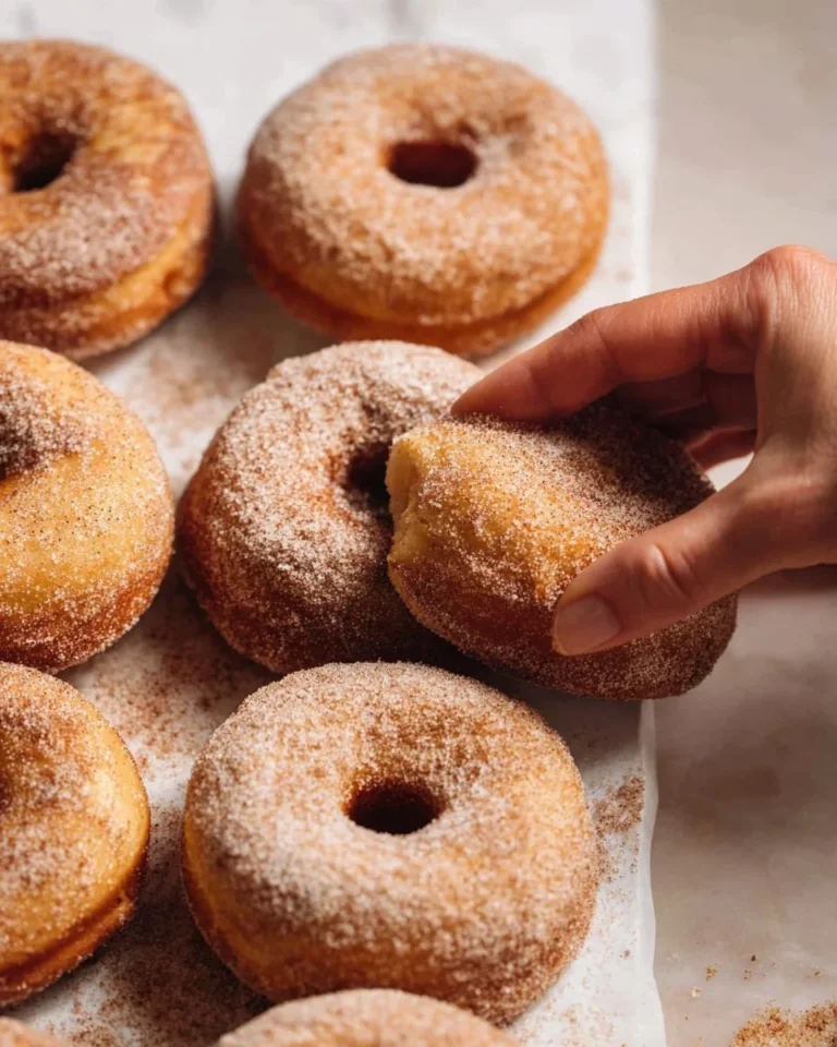 Freshly baked cinnamon sugar donuts dusted with sweet cinnamon topping