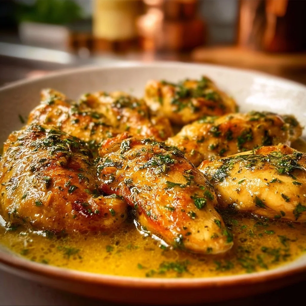 Delicious Classic Garlic Butter Chicken served with herbs and lemon