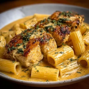 Creamy Garlic Butter Chicken with rigatoni in a Parmesan sauce dish