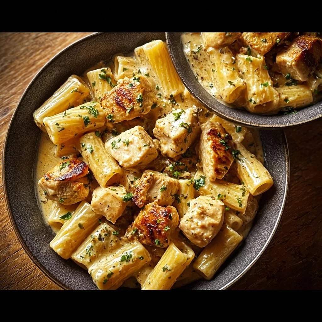 Creamy garlic butter chicken served with rigatoni in Parmesan sauce