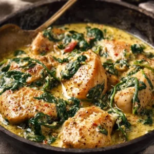 Creamy garlic butter chicken with spinach in a white bowl