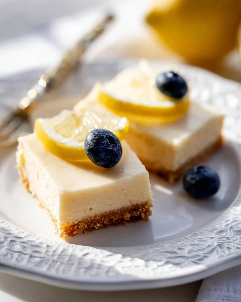 Creamy lemon bars topped with powdered sugar on a white plate