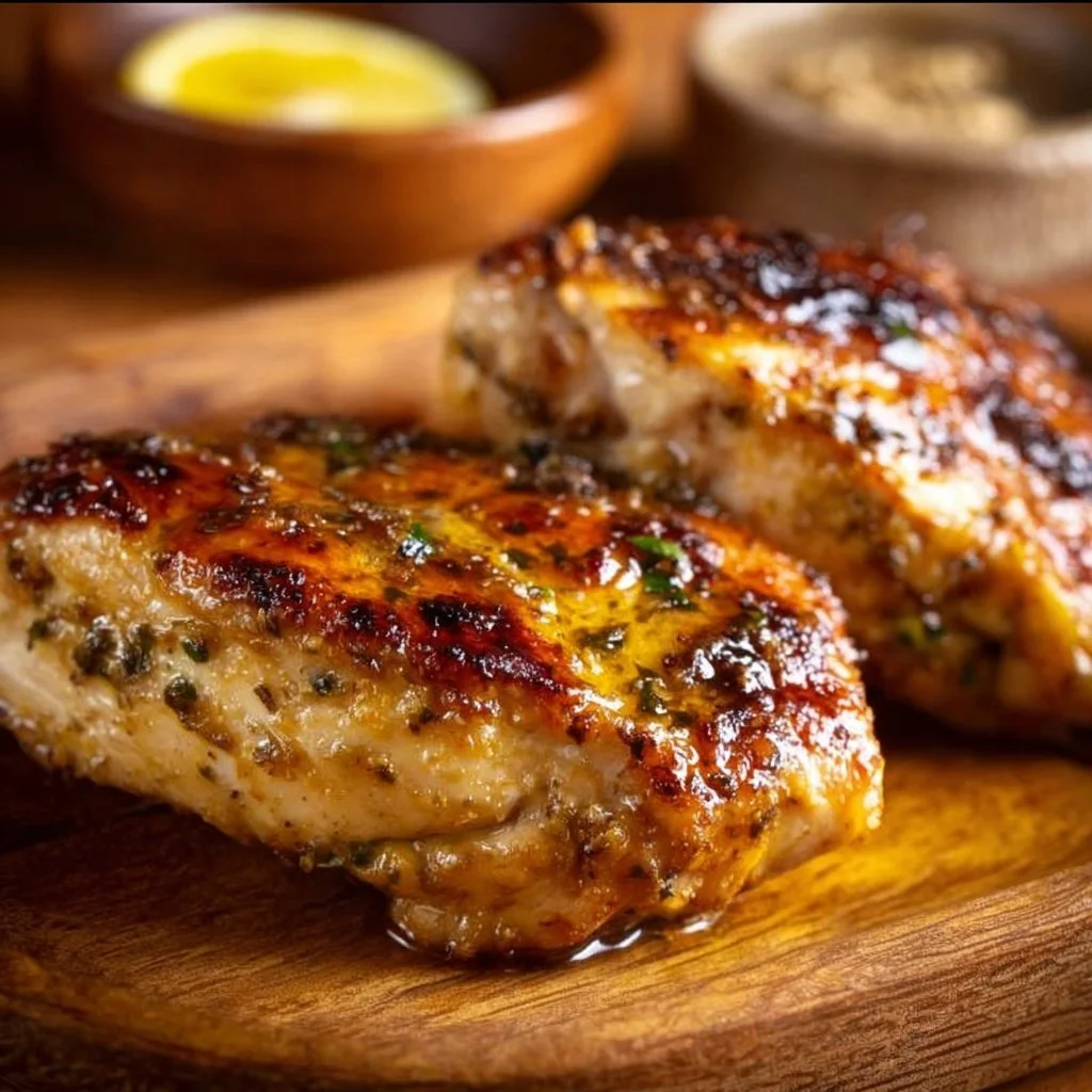 Delicious garlic butter baked chicken breast garnished with herbs