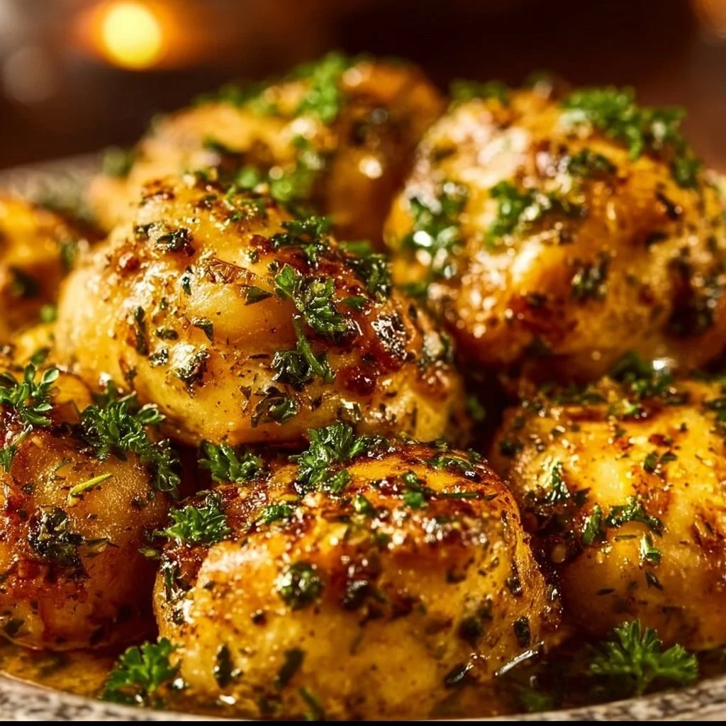 Delicious Garlic Butter Chicken served with herbs and spices on a plate