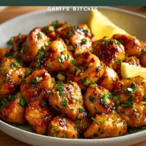 Delicious Garlic Butter Chicken Bites served on a plate with fresh herbs