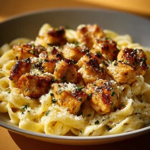 Garlic Butter Chicken Bites served with creamy parmesan pasta on a plate.