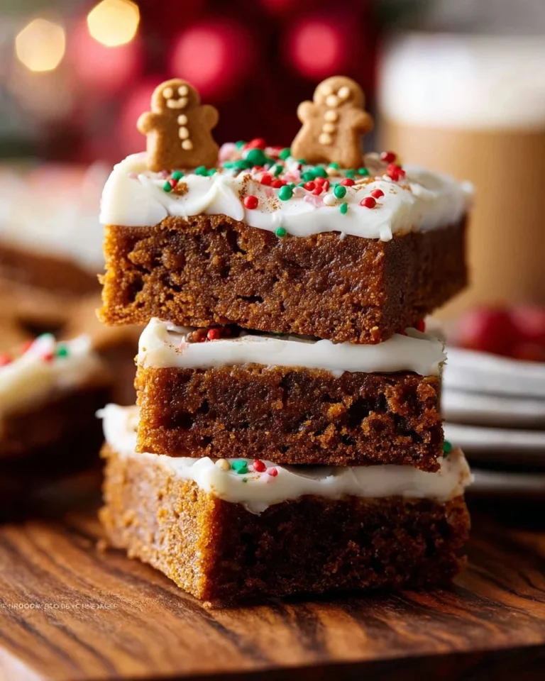 Gingerbread cookie bars with spiced cream cheese frosting on a festive plate