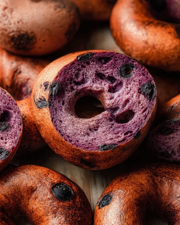 Freshly made homemade blueberry bagels topped with blueberries