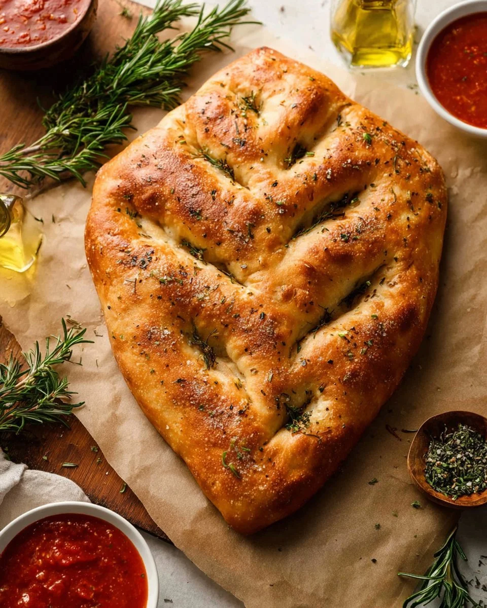 Homemade fougasse bread baked to perfection with herbs and olives.