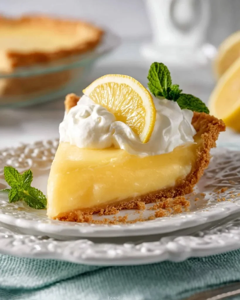 Delicious slice of Lemon Almond Pie topped with slivered almonds and lemon zest.