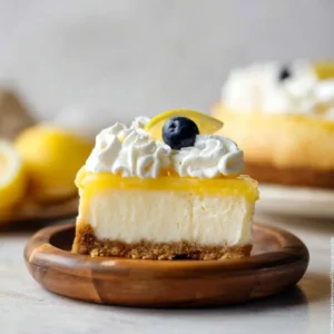 Delicious slice of lemon cheesecake with a graham cracker crust and lemon zest