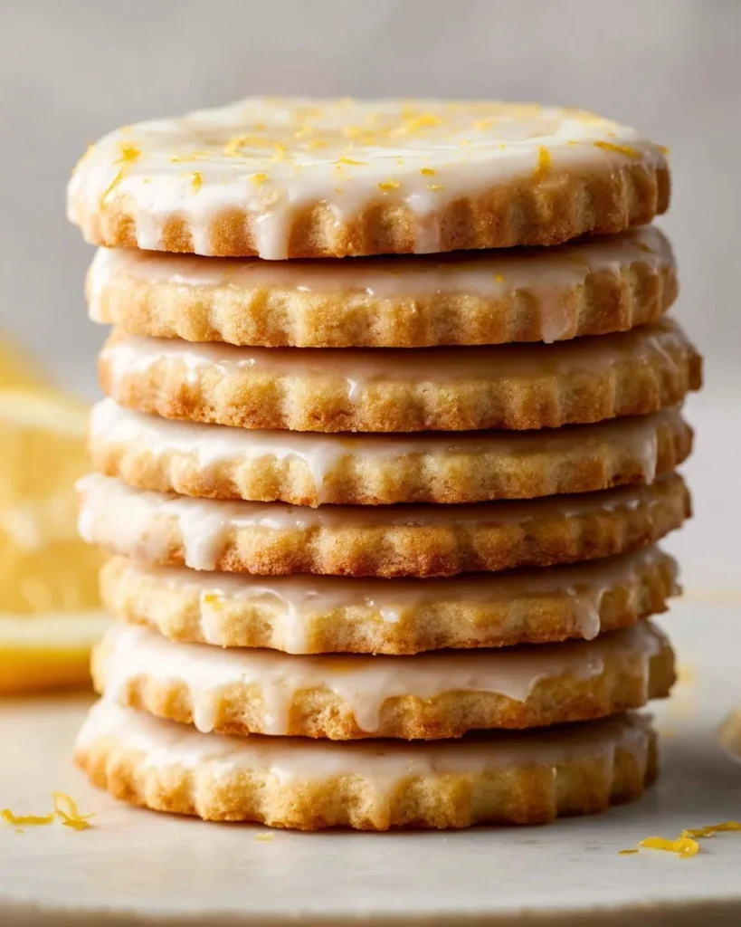 Freshly baked lemon cookies in a decorative dish with lemon slices.
