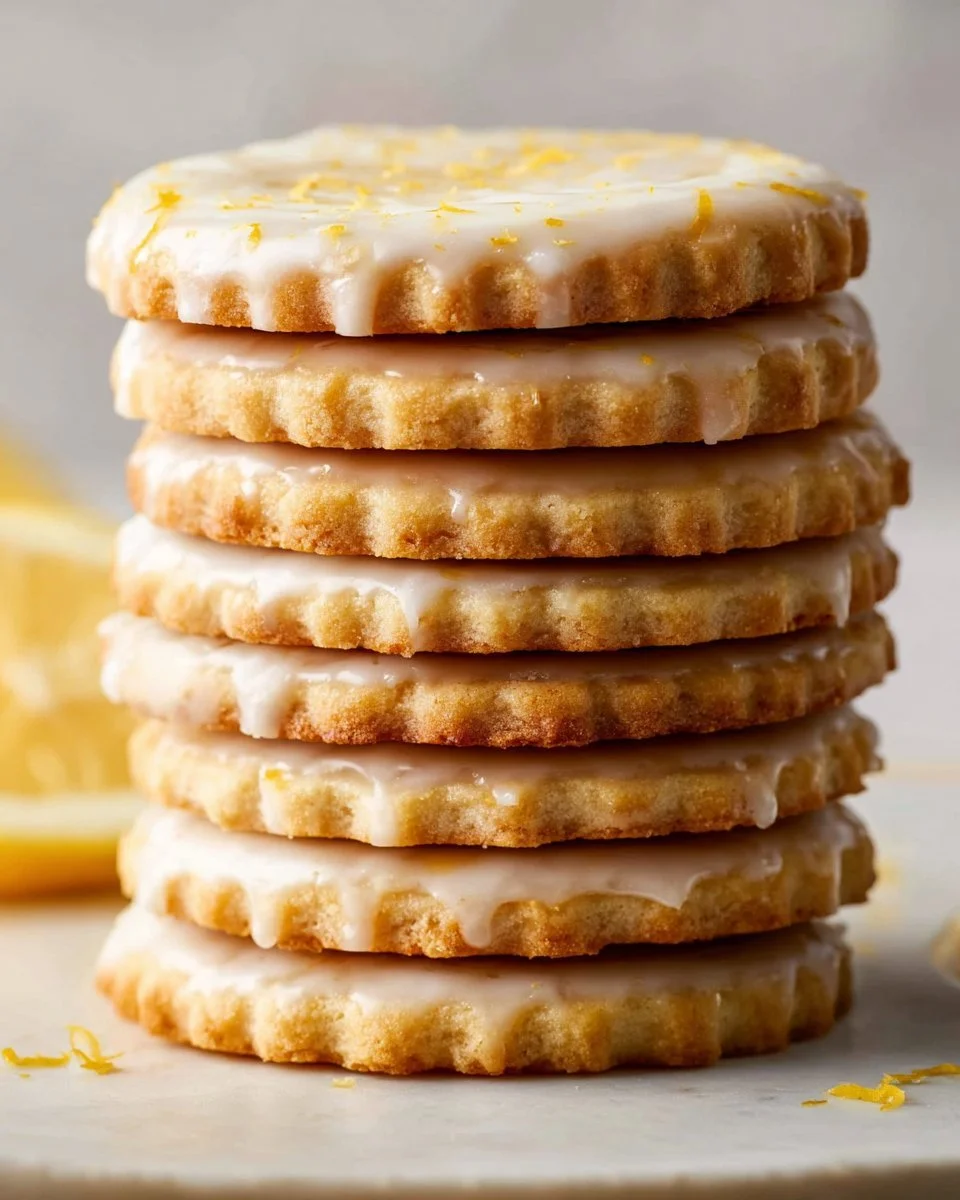 Freshly baked lemon cookies in a decorative dish with lemon slices.