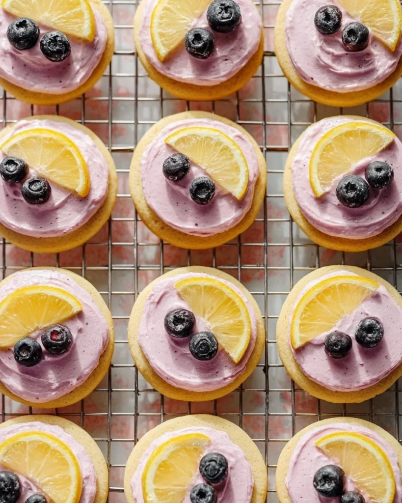 Delicious lemon cookies with blueberry frosting on a white plate