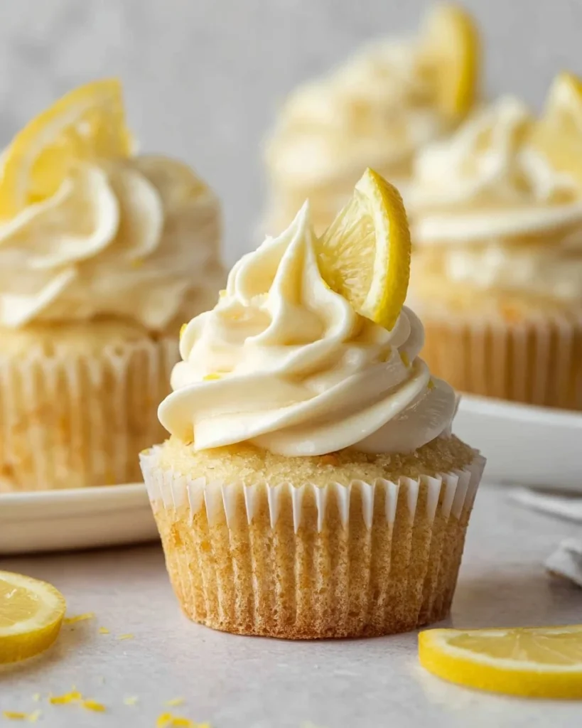 Freshly baked lemon cupcakes with lemon frosting on a white plate
