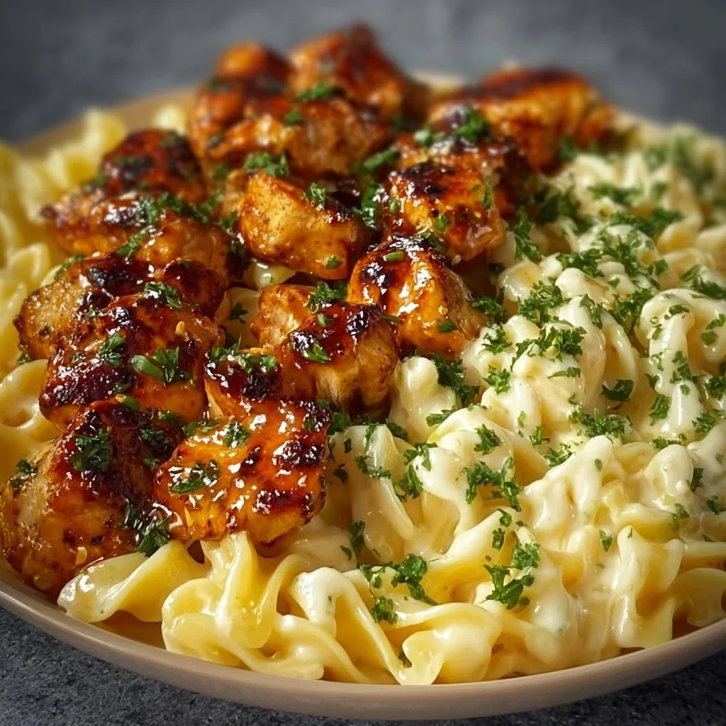 Delicious Lemon Garlic Butter Chicken with creamy parmesan pasta on a plate.