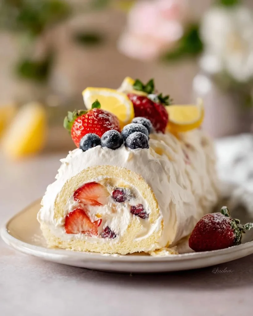 Delicious meringue roulade dessert with fresh berries and cream filling