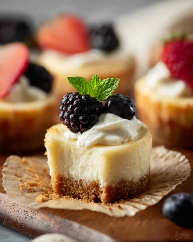 Delicious mini cheesecakes topped with berries served on a plate