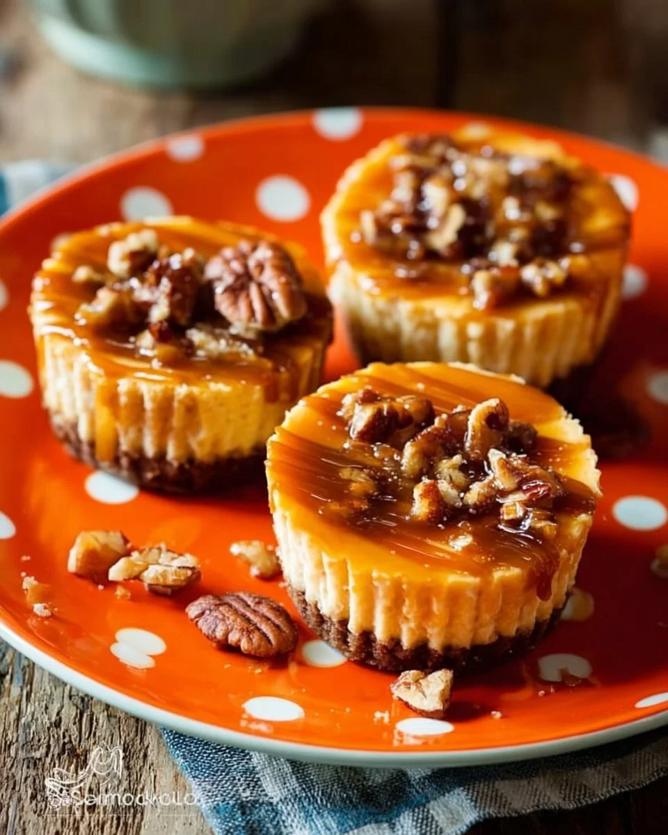 Mini pumpkin cheesecakes with gingersnap crust displayed on a platter