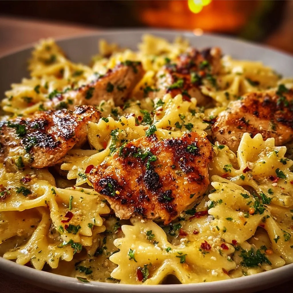 Delicious Mozzarella Garlic Butter Chicken Bowties drizzled with cheesy cream sauce