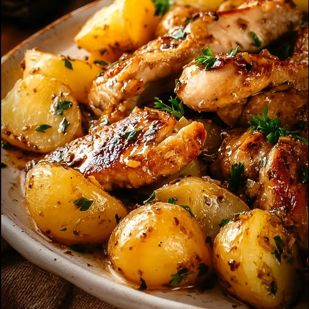 One-Pan Garlic Butter Chicken with Potatoes, a delicious easy dinner recipe