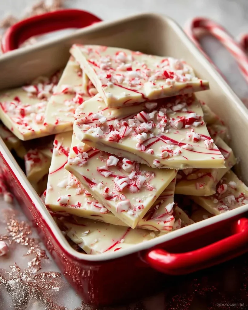Delicious peppermint bark with layers of chocolate and crushed peppermint candies.