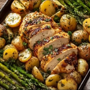 Sheet pan garlic butter chicken with vibrant roasted vegetables.