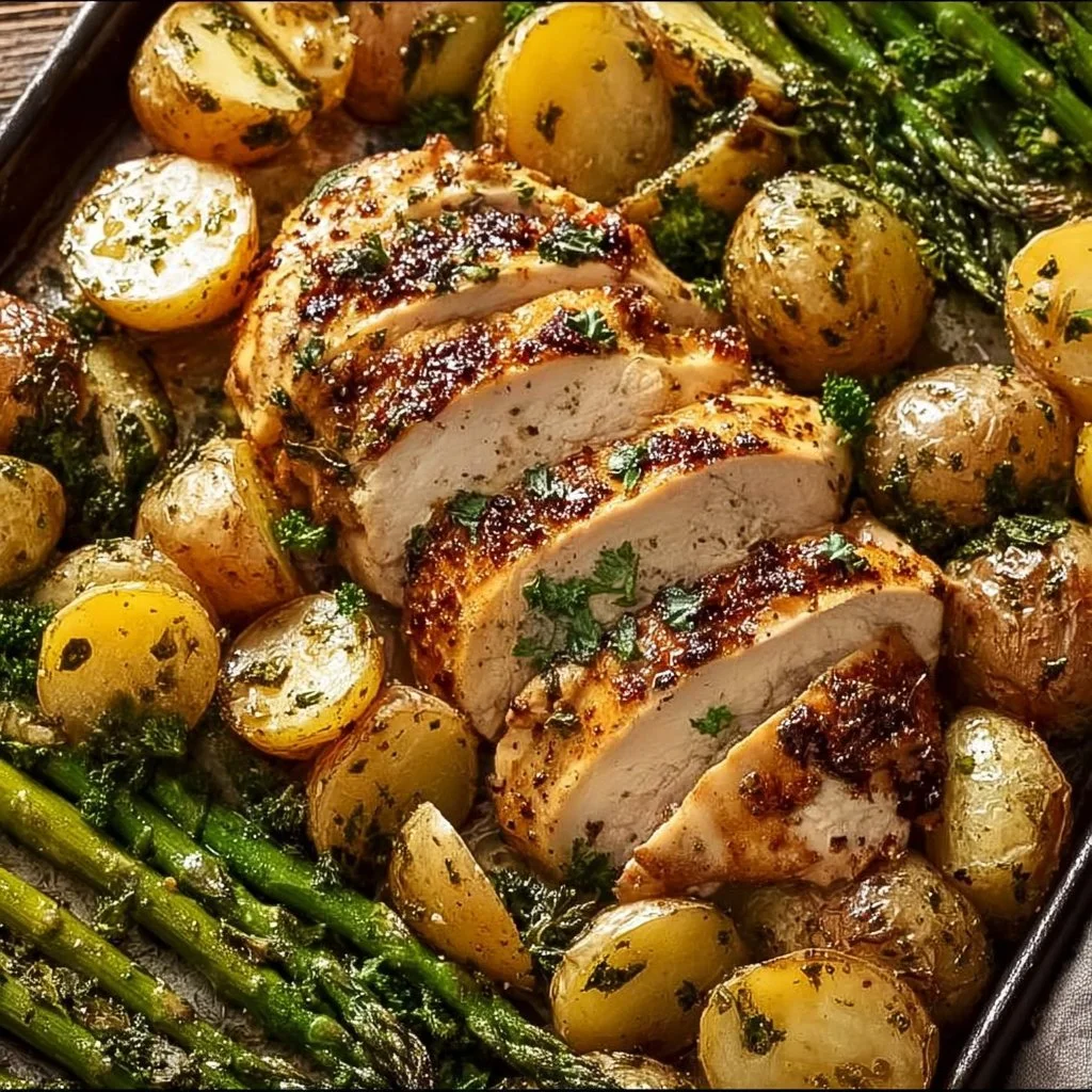 Sheet pan garlic butter chicken with vibrant roasted vegetables.