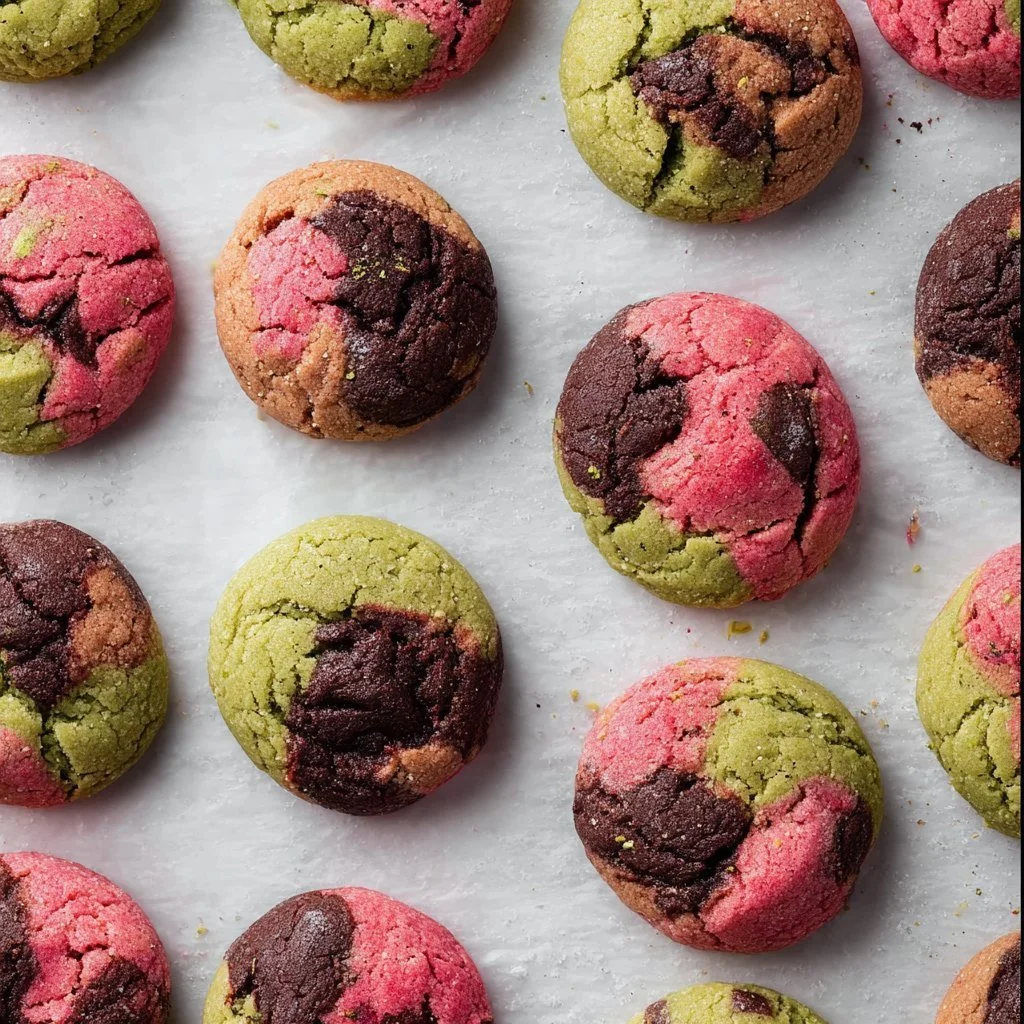 A plate of colorful Spumoni Cookies decorated with chocolate, cherry, and pistachio.