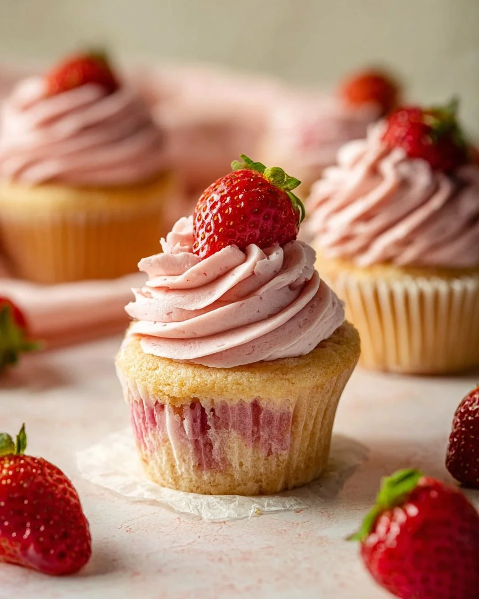 Fresh strawberry cupcakes decorated with creamy strawberry buttercream frosting