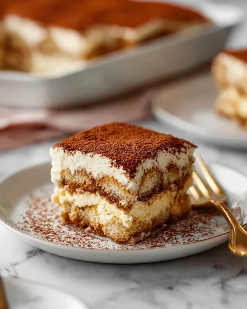 Delicious homemade tiramisu with layers of coffee-soaked ladyfingers and mascarpone cream.