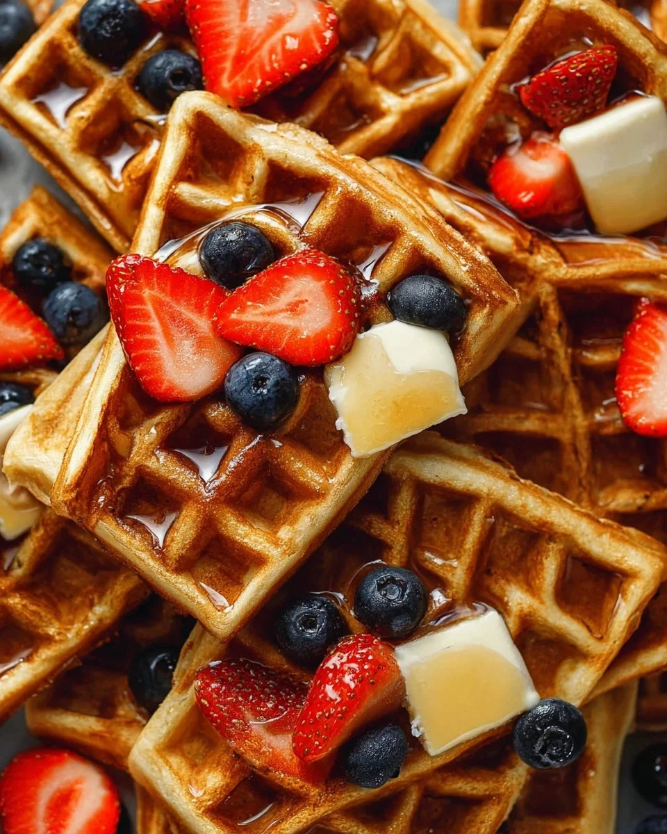 Healthy whole wheat waffles stacked with toppings