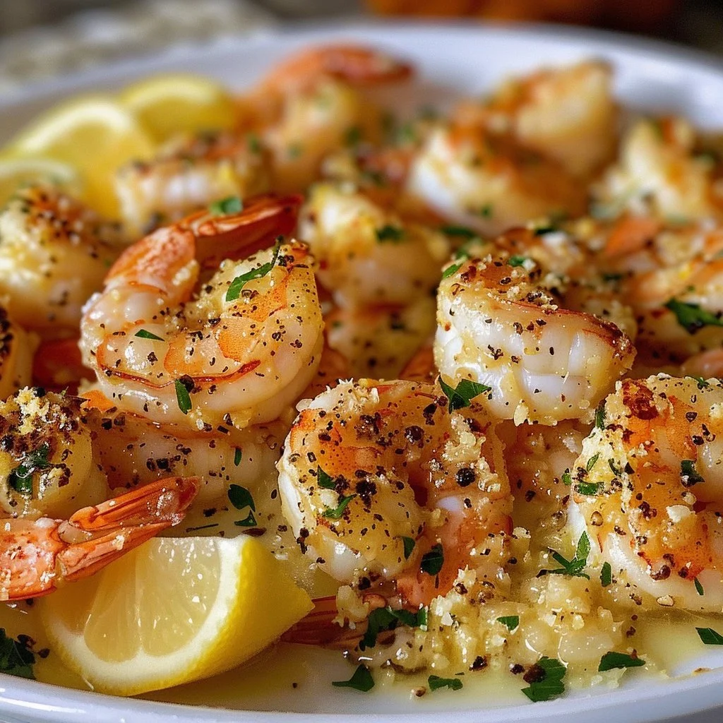 Baked Garlic Parmesan Shrimp on a serving platter garnished with herbs
