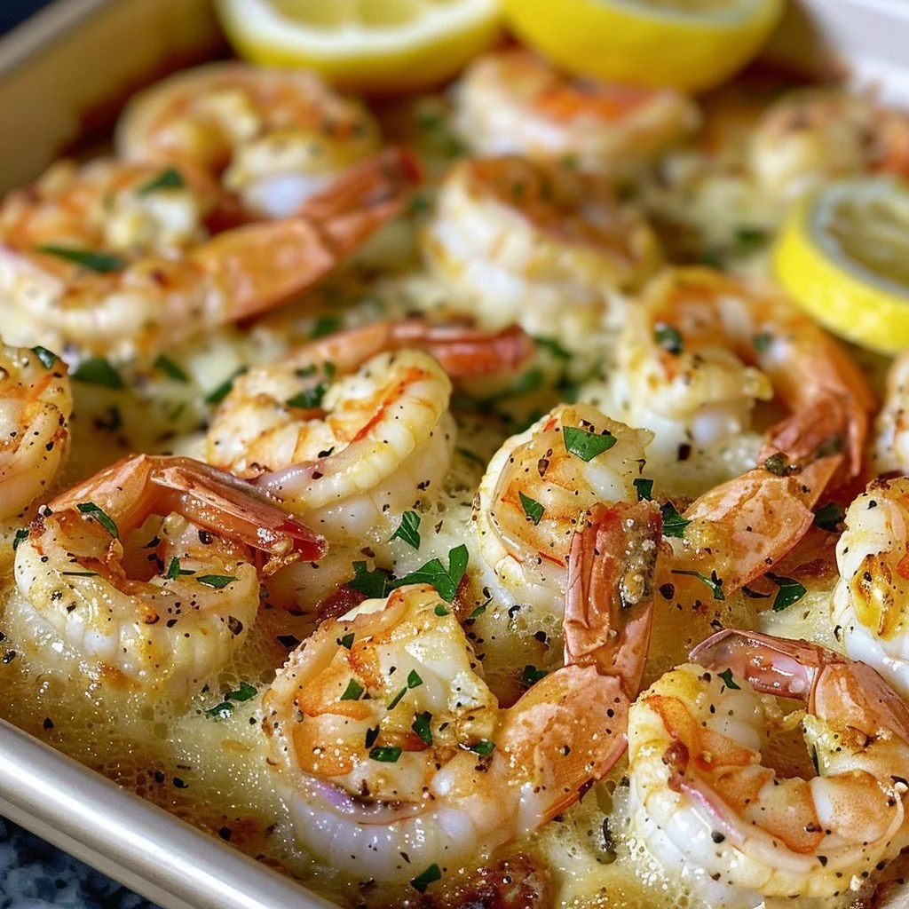Baked garlic parmesan shrimp garnished with parsley on a white plate.