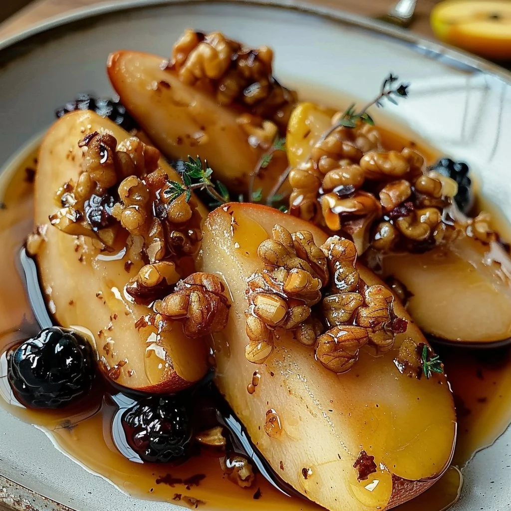 Baked pears drizzled with honey and topped with walnuts for a delicious dessert.