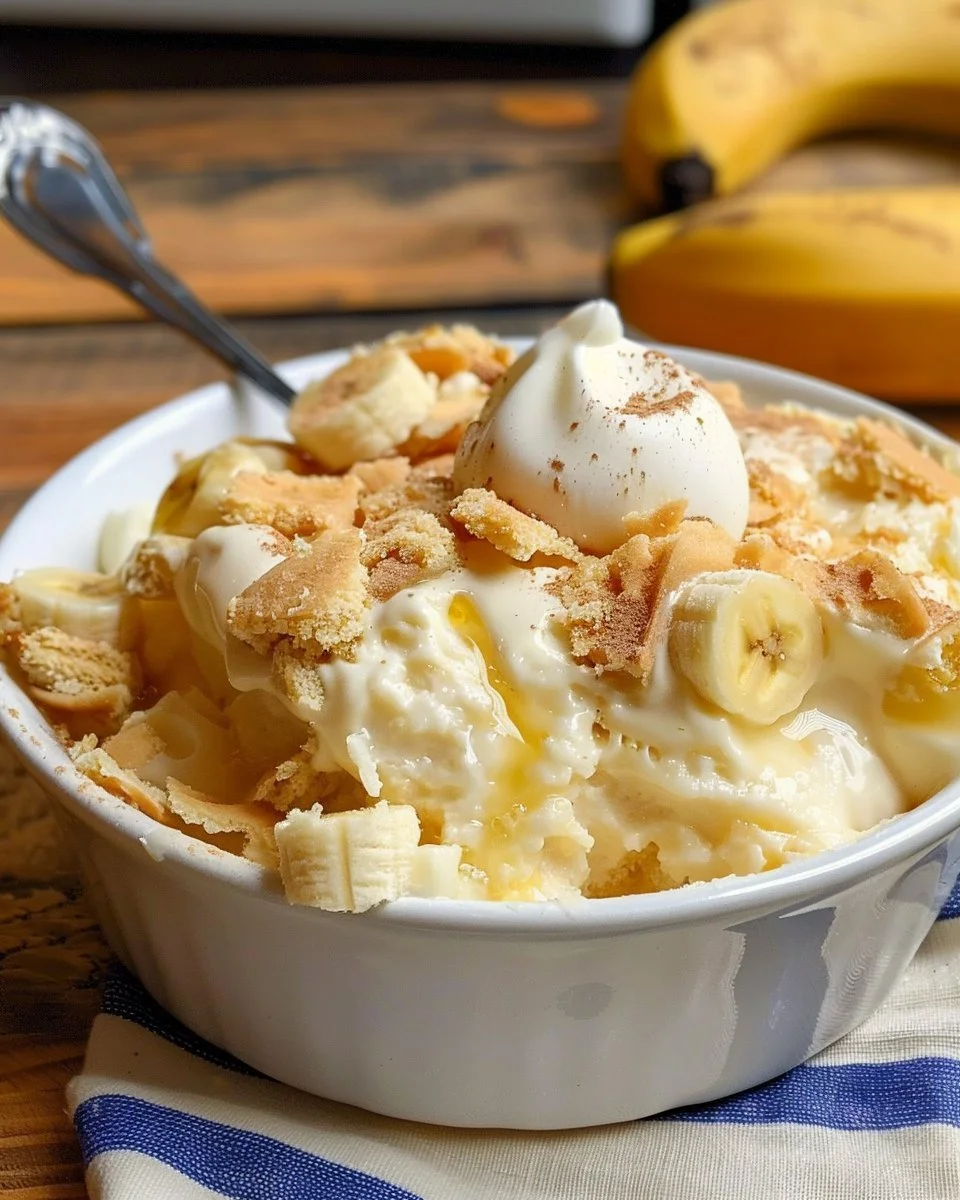 Delicious banana pudding dessert in a glass with fresh bananas and whipped cream