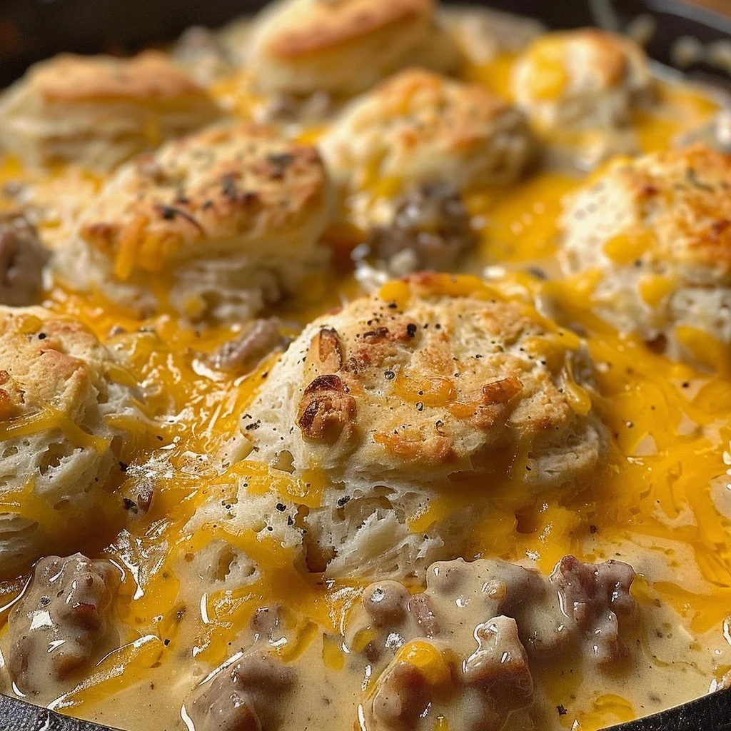 Baked biscuits with gravy and hashbrowns on a white plate