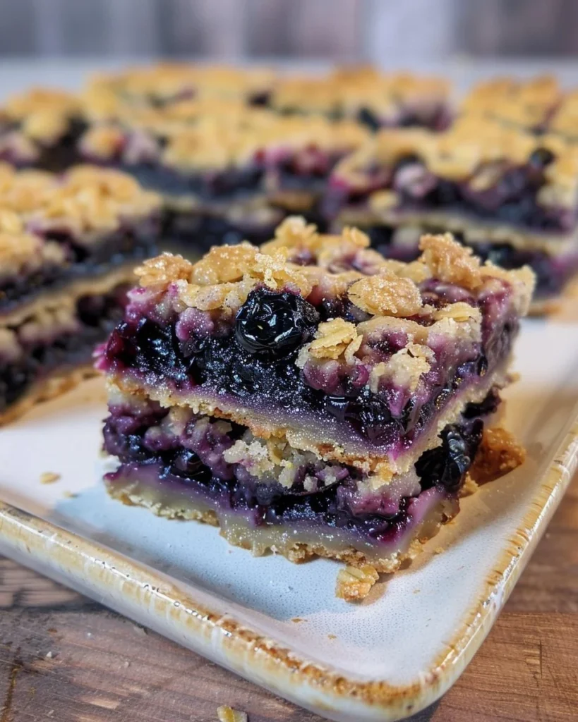 Delicious blueberry crumble bars topped with a golden crumb topping
