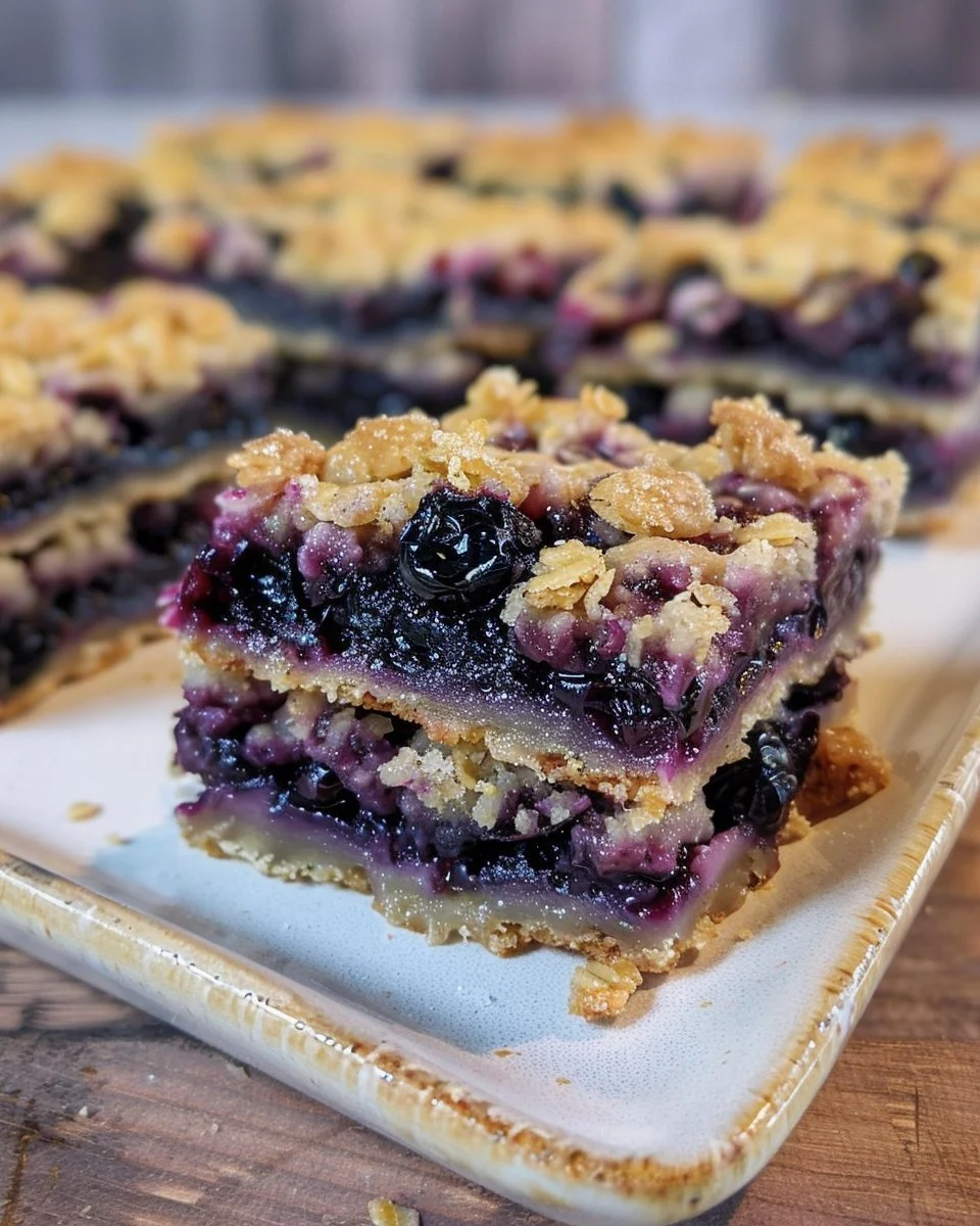 Delicious blueberry crumble bars topped with a golden crumb topping