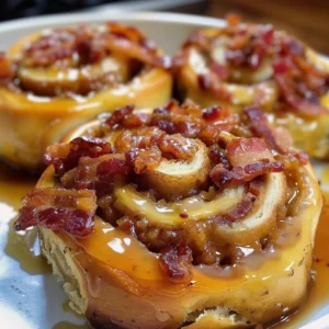 Bourbon maple bacon cinnamon rolls topped with creamy icing and crispy bacon