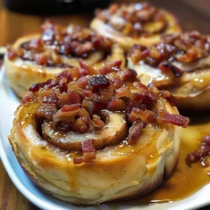 Delicious Bourbon Maple Bacon Cinnamon Rolls topped with icing