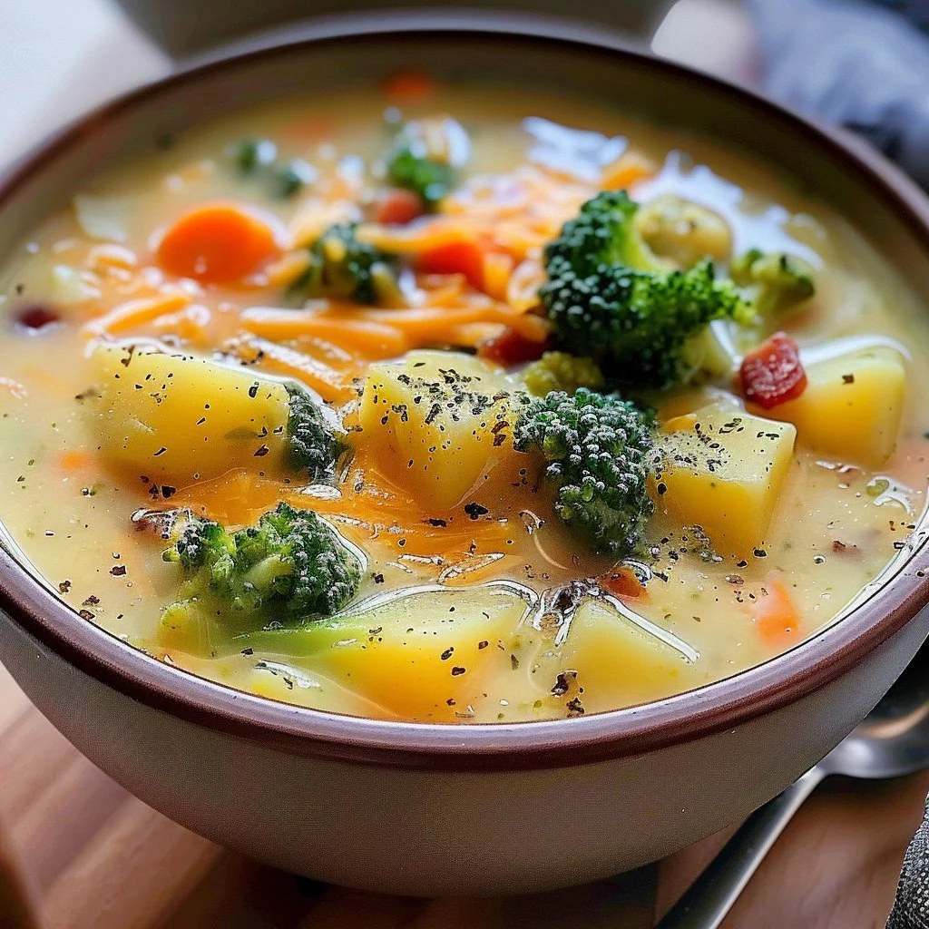 Creamy broccoli potato soup in a bowl with fresh ingredients on a wooden table